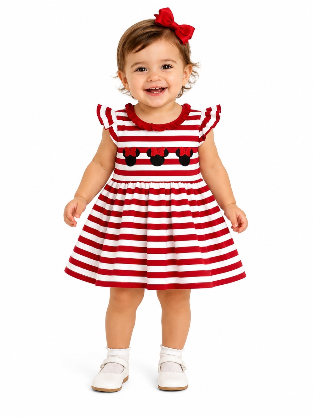 Stitch Fish 100% Cotton Red & White Striped Baby Dress with Minnie Motif